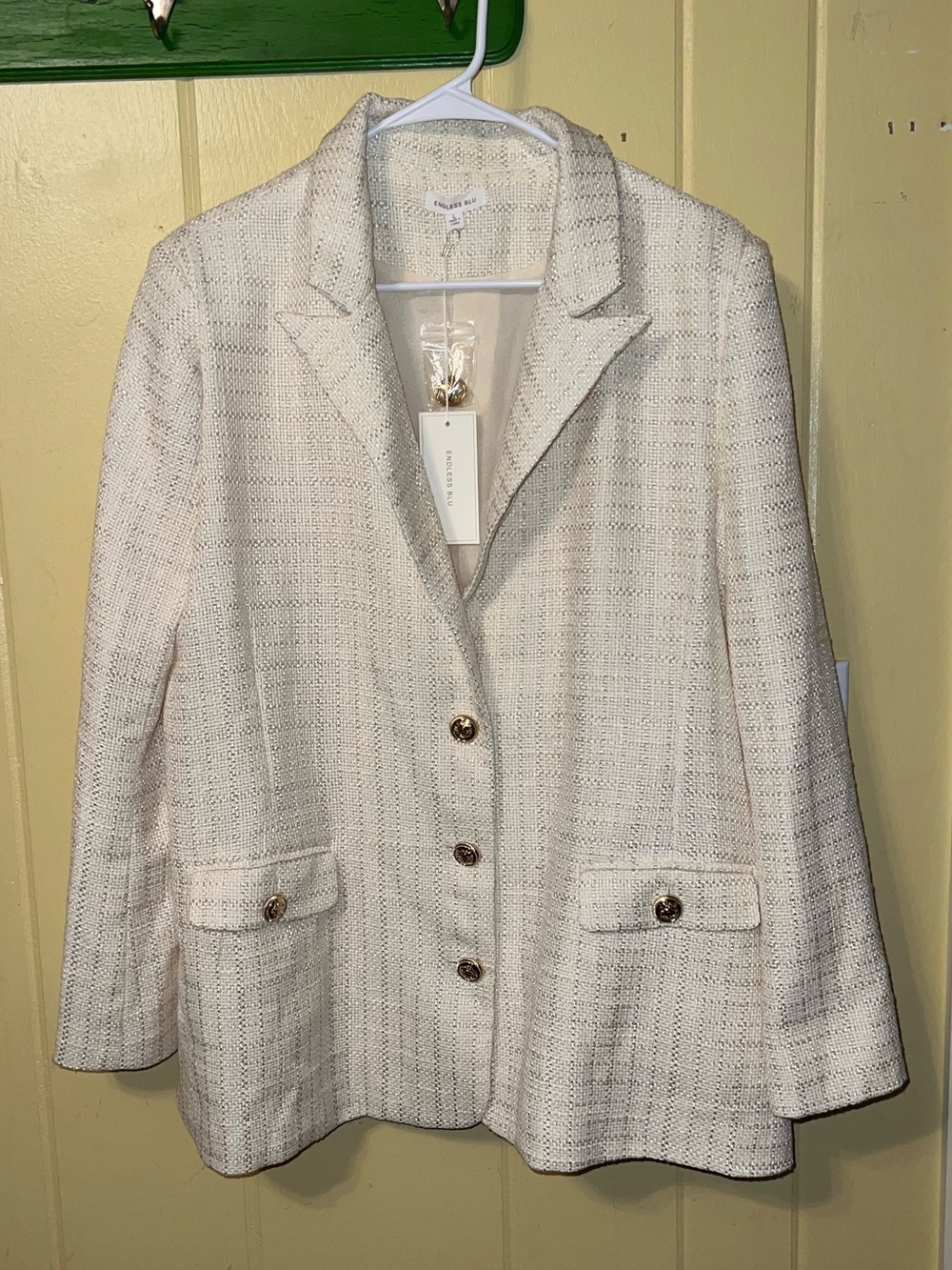 Endless Blu Cream Boucle Tweed Blazer Modern Preppy Chic Jacket Size L NWT - Picture 2 of 9